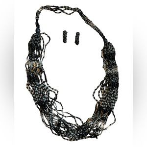 Black and Clear Beaded Multi Strand Necklace and Earring Set